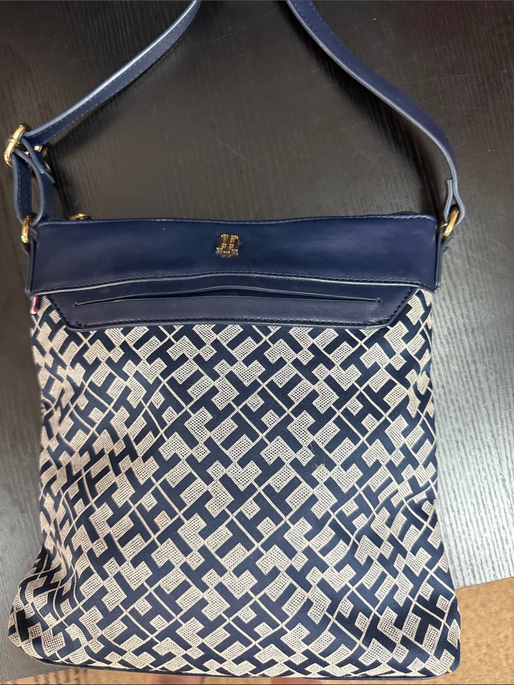 Tommy Hilfiger Navy and White Monogram Crossbody Bag